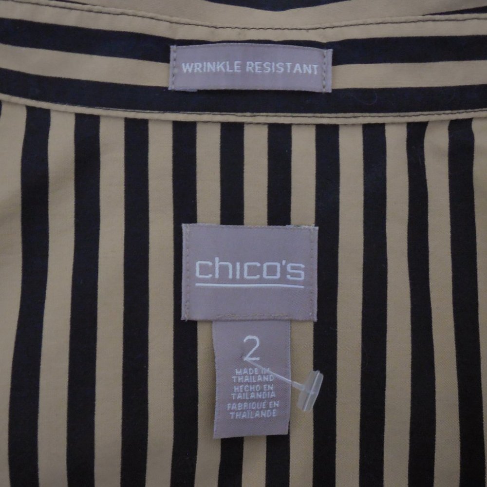 CHICO'S Top L Sz 2 Wrinkle Resist Tan/Black Stripe Button Down Blouse Cotton - Picture 7 of 9